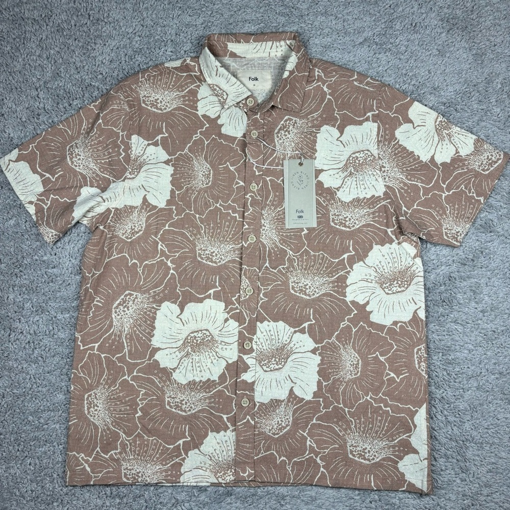 Folk Shirt Mens Medium NWT Linen Blend Button Up Tropical Flowers Resort Gift